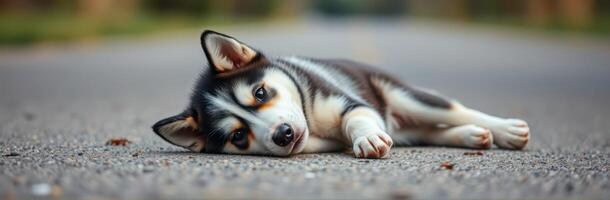 Cute and Happy Puppy Laying Down on Pavement - Adorable Siberian Husky Portrait with Playful Expression photo
