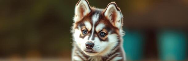 Cute and Adorable Siberian Husky Puppy Portrait with Blue Eyes, Fluffy Fur, and Playful Expression in Nature Background photo