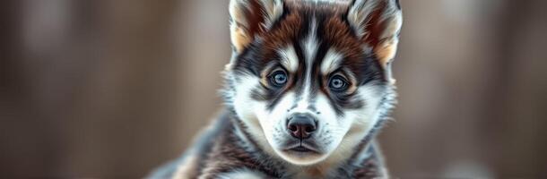 Cute Adorable Puppy Portrait of a Siberian Husky with Blue Eyes in Nature, Furry Canine Close-Up with Playful Expression and Blurred Background photo