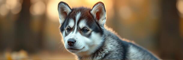Siberian Husky Puppy with Fluffy Fur and Blue Eyes Outdoors in Autumn Setting photo