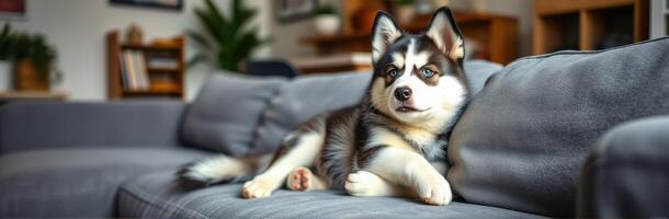 Adorable Siberian Husky Puppy Relaxing on Couch Indoors. Cozy Living Room Atmosphere with Fluffy Brown and White Canine Companion photo