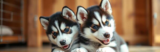 Playful and Adorable Puppies. Cute Husky Pair Cuddling Together with Blue Eyes on Brown Background photo