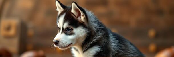 Cute and Adorable Puppy Portrait. Playful Young Siberian Husky with Fluffy Fur and Joyful Expression Against Soft Focus Bokeh Background photo