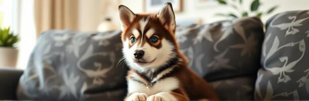 Adorable Siberian Husky Puppy with Blue Eyes Relaxing on Couch in Cozy Living Room Setting photo