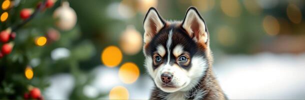Puppy Portrait of Adorable Siberian Husky with Cute Blue Eyes in a Festive Winter Wonderland Background photo