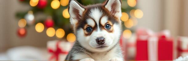 Cute Adorable Puppy Siberian Husky with Blue Eyes in Festive Christmas Setting Surrounded by Holiday Lights and Gifts photo