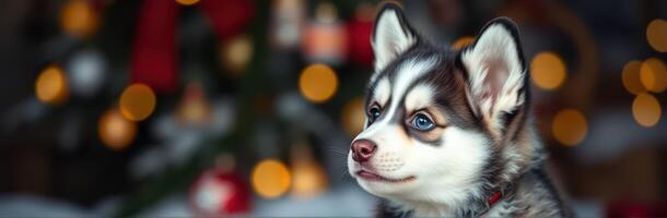 Playful Siberian Husky Puppy with Blue Eyes in Festive Christmas Background with Bokeh Lights and Holiday Decor photo