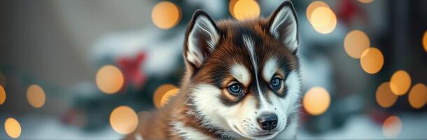 Cute and Adorable Siberian Husky Puppy with Blue Eyes in Festive Holiday Setting with Bokeh Lights and Snowy Background photo