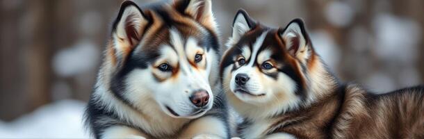 Cute Siberian Husky Puppy Portrait in Snow. Adorable Canine Siblings Showcasing Friendship and Loyalty in Winter Nature Background photo