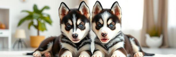 Cute Adorable Puppy Siberian Husky with Blue Eyes Snuggling with Another Dog in a Cozy Living Room Setting photo