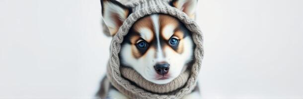 Cute Siberian Husky Puppy in Cozy Knitted Sweater with Blue Eyes on a Snowy Day photo
