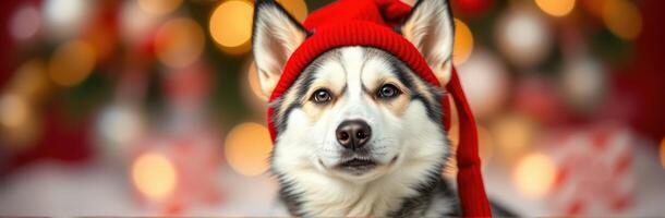 Siberian Husky in Festive Red Christmas Hat Against a Cozy Background with Bokeh Lights for Holiday Cheer photo