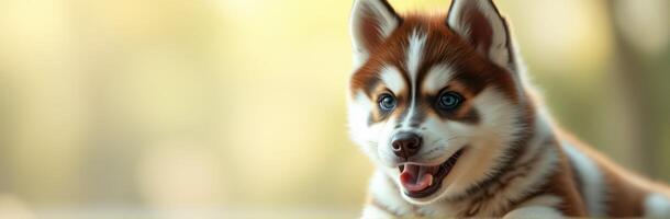 Adorable Blue-Eyed Puppy Portrait. Playful Siberian Husky in Sunlight with Fluffy Fur and Charming Expression for Dog Lovers and Pet Photography photo