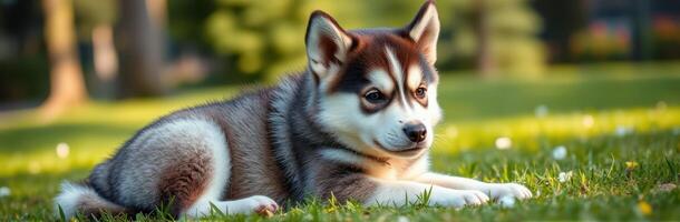 Cute Young Siberian Husky Puppy Relaxing in Grass with Happy Expression and Fluffy Fur in Sunny Park Setting photo