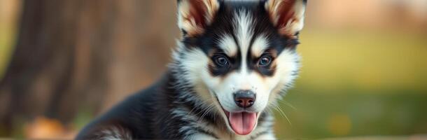 Cute and Playful Puppy Portrait in Autumn Park - Fluffy Siberian Husky Mixed Breed Close-Up with Vibrant Colors and Happy Expression photo