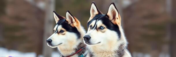 Siberian Husky Duo in a Snowy Forest. Portrait of Canine Friendship and Loyalty in a Winter Wonderland photo