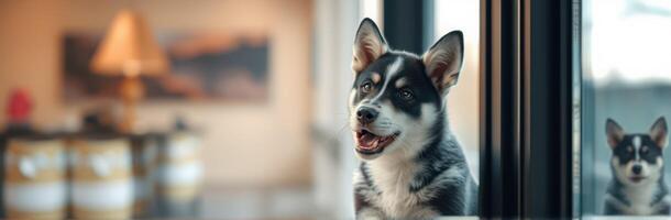 Cute Adorable Puppy Reflection in Window - Siberian Husky Pet Portrait Indoors with Happy Dog Eyes and Playful Expression photo