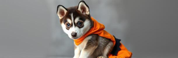 Cute Siberian Husky Puppy in Adorable Orange Costume - Playful Dog Portrait with Beautiful Eyes and Cuddly Fur on Gray Background photo