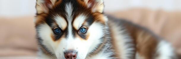 Cute Blue-Eyed Siberian Husky Puppy with Fluffy Fur Resting on Couch. Adorable Close-Up Pet Photography photo