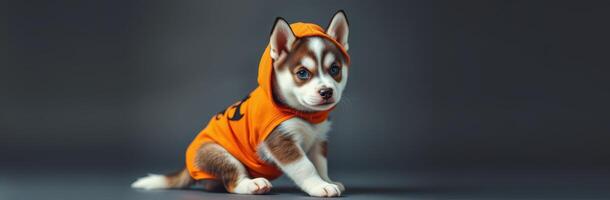 Adorable Playful Puppy in Orange Hoodie for Fashion-Forward Dog Apparel in Cozy Indoor Studio Background photo