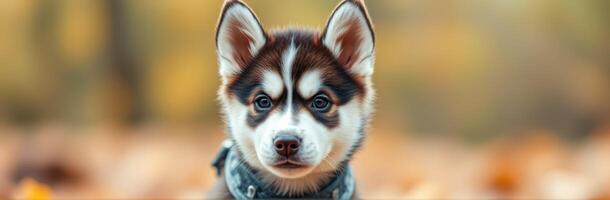 Adorable Closeup Portrait of a Fluffy Siberian Husky Puppy with Blue Eyes Amidst Autumn Leaves in Nature photo