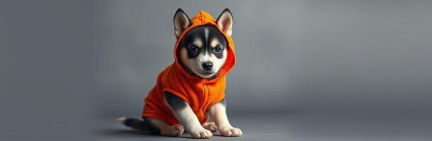 Adorable Puppy in Orange Hoodie - Fashionable Pet Photoshoot Against Grey Background photo