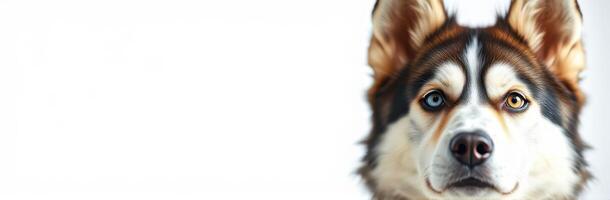 Cute Close-Up Dog Portrait of a Siberian Husky with Heterochromia and Bicolor Eyes on White Background photo