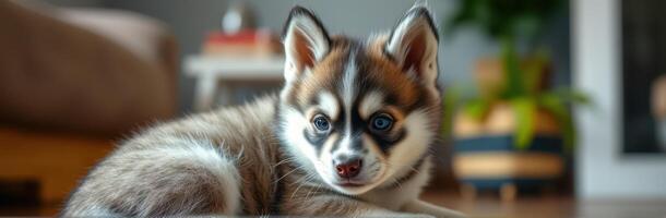 Cute Puppy with Blue Eyes. Adorable Fluffy Dog Portrait, Happy and Relaxed at Home photo
