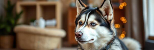 Siberian Husky Dog with Blue Eyes and Fluffy Fur in Cozy Indoor Living Room Setting photo