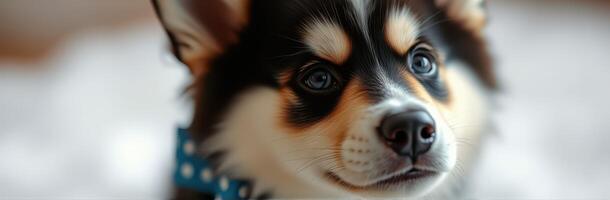 Cute Puppy Close-Up Portrait. Adorable Fluffy Dog with Black, Brown, and White Fur in Natural Light photo