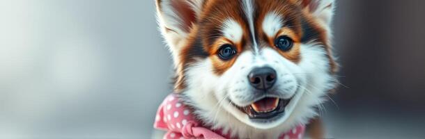Cute and Adorable Puppy Portrait with a Smiling Expression in Colorful Fur and Polka Dot Bandana photo