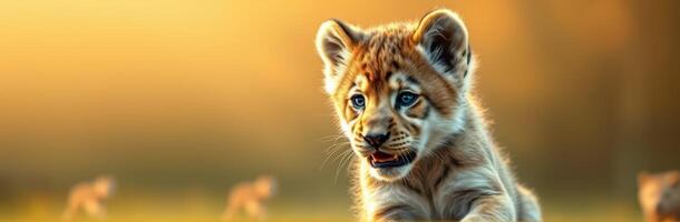 Cute and Playful Young Lion Cub Portrait in Nature during Golden Hour with Vibrant Colors and Blurred Background photo