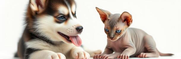 Playful Puppy and Kitten Friendship. Adorable Siberian Husky Puppy and Sphynx Kitten Interacting on White Background photo