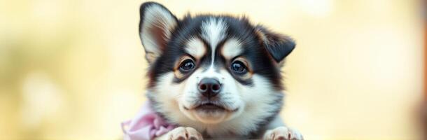 Adorable Close-Up Portrait of a Fluffy Puppy with Vibrant Eyes and Cute Expression on Yellow Background photo