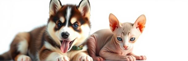 Adorable Dog and Sphynx Cat. Playful Companionship of Pets with Soft Fur and Happy Expressions photo