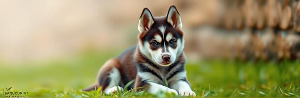 Adorable Playful Puppy Portrait. Cute Siberian Husky Relaxing on the Grass in Nature photo