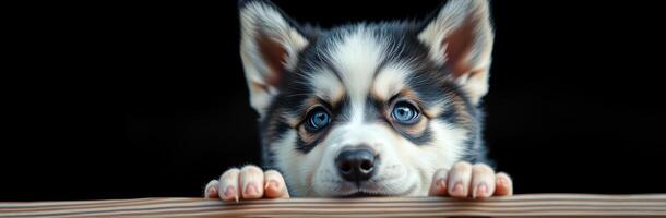 Cute Adorable Puppy with Blue Eyes in Close-Up Portrait. Fluffy Siberian Husky with Tiny Paws and Playful Expression on Black Background photo