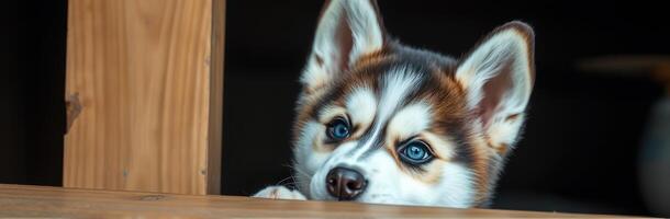 Cute Puppy Portrait. Adorable Siberian Husky with Gorgeous Blue Eyes on Wood Background photo