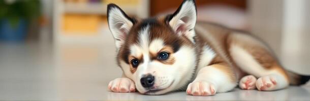 Adorable Fluffy Puppy Laying Indoors with Cute Puppy Eyes - Perfect Dog Photography Capture of Sweet Relaxed Puppy photo