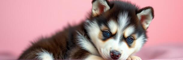 Cute and Adorable Close-Up of a Playful Fluffy Siberian Husky Puppy on a Pink Background photo