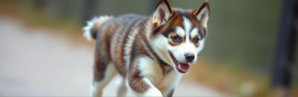 Joyful Siberian Husky Puppy Running Outdoors - Playful Canine in Vibrant Park Setting photo