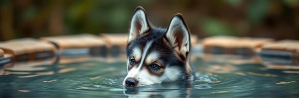 Cute and Adorable Siberian Husky Puppy Swimming in Calm Pool Water with Playful Expression photo