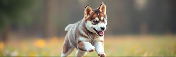 Energetic Siberian Husky Puppy Playing Joyfully Outdoors in a Park with Vibrant Green Grass and Blurred Bokeh Background photo