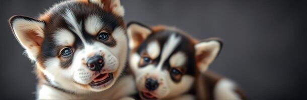 Cute and Playful Siberian Husky Puppies with Joyful Expressions and Expressive Blue Eyes in a Nature Background photo