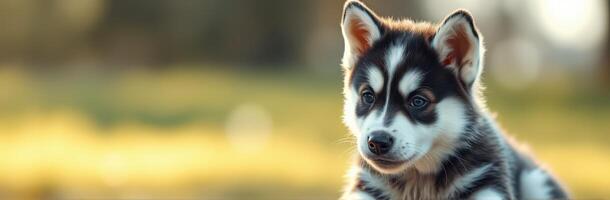 Adorable Fluffy Siberian Husky Puppy Portrait in Sunny Garden with Tender Expression and Happy Eyes photo