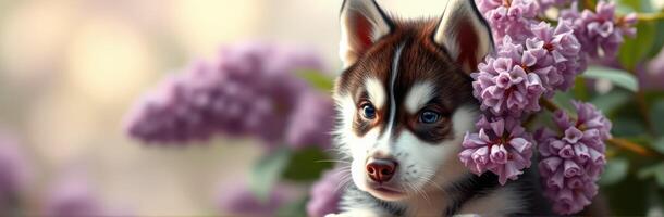 Cute Fluffy Puppy Snuggling in a Garden of Vibrant Spring Flowers with a Bokeh Effect photo