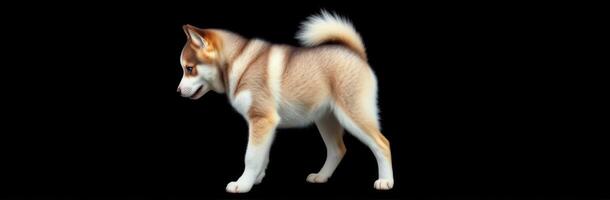 Cute Siberian Husky Puppy Standing Profile on Black Background - Adorable Young Dog with Fluffy Coat and Playful Expression photo