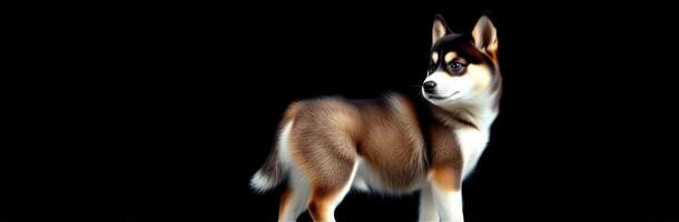 Cute and Lively Shiba Inu Puppy Portrait on Black Background - Adorable Furry Young Dog with Brown and White Coat, Strong Stance and Playful Expression in Vibrant Colors photo