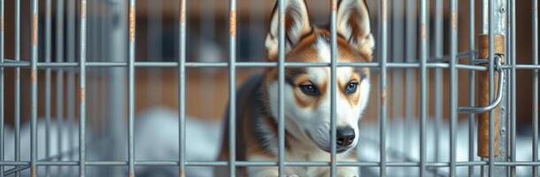 Adorable Brown and White Puppy in Shelter Kennel with Sad Eyes and Playful Expression photo