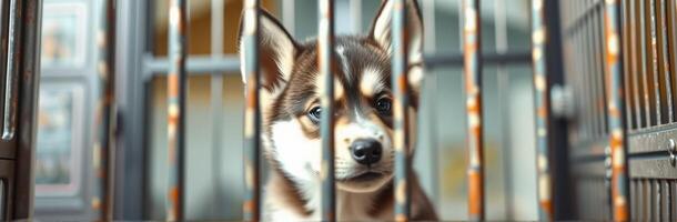 Puppy Behind Bars. Sad Brown and White Dog in Shelter Cage Longing for a Forever Home and Rescue Family photo